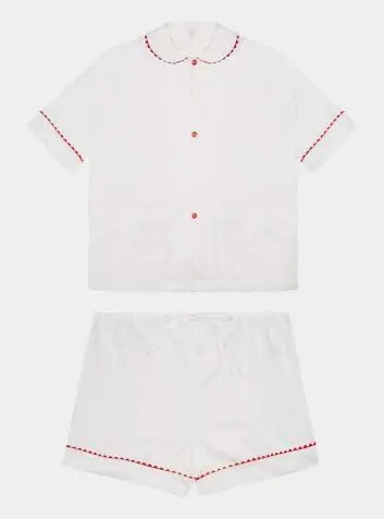 100% Cotton Poplin Pyjamas in White With Red Contrasting Ric Rac Trim Sarah Brown London