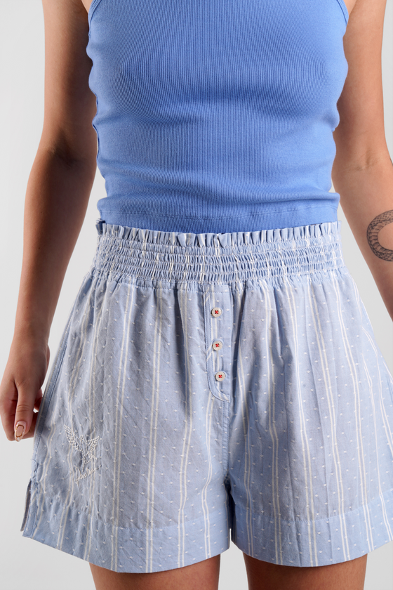 Lomandra Beach Stripe Ethical-Cotton Pyjama Shorts - Mountain Blue Peachaus