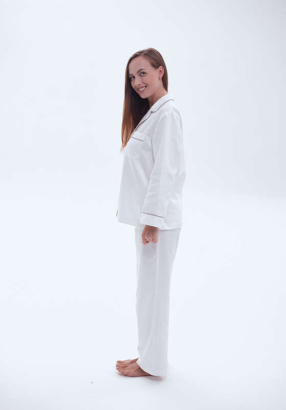 Brushed Cotton Long Pyjama Set, White Snooozeworld