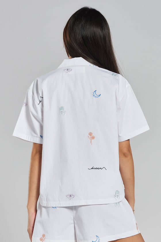 Telopea Embroidered Ethical-Cotton Pyjama Shirt - Glacier White