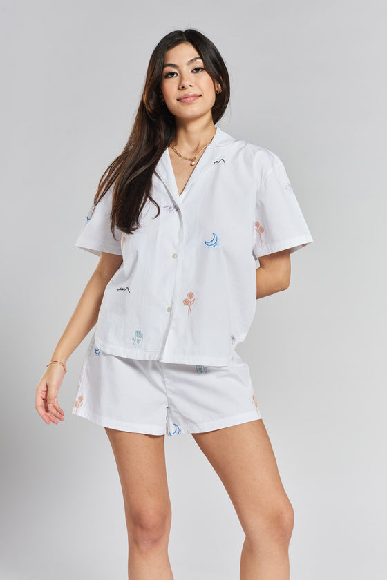 Telopea Embroidered Ethical-Cotton Pyjama Shirt - Glacier White