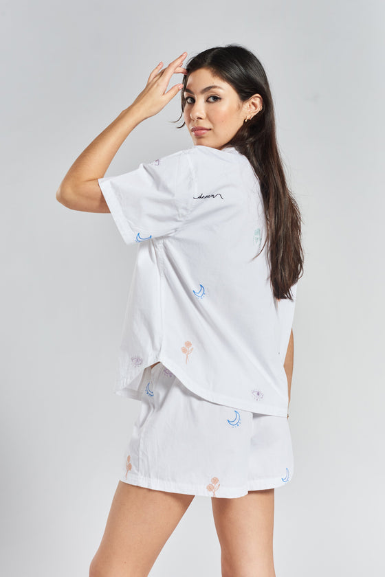 Telopea Embroidered Ethical-Cotton Pyjama Shirt - Glacier White