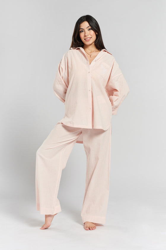 Yew Striped Ethical-Cotton Pyjama Shirt - Dawnlight Coral