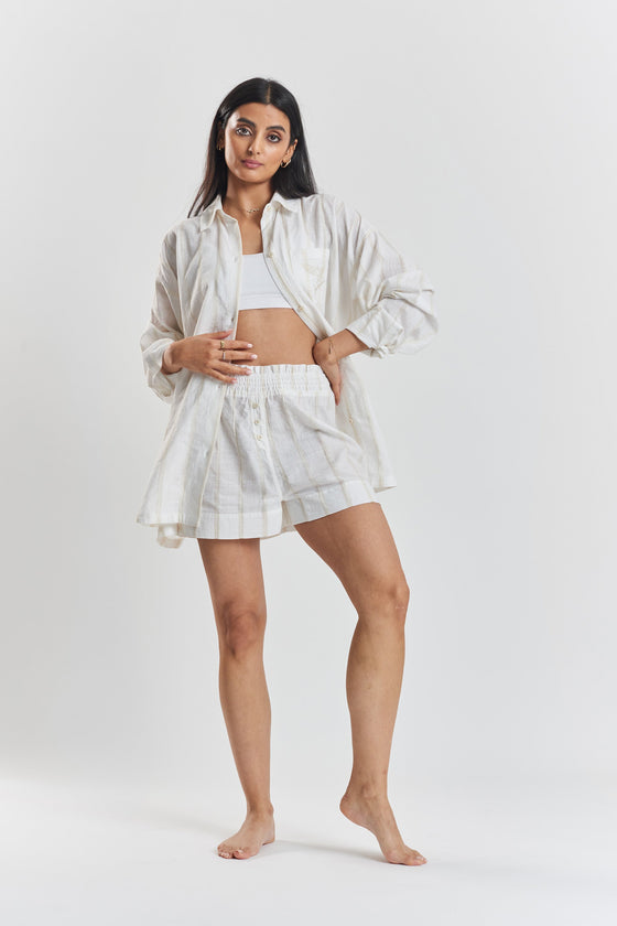 Yew Striped Ethical-Cotton Pyjama Shirt - Summer Sand Beige