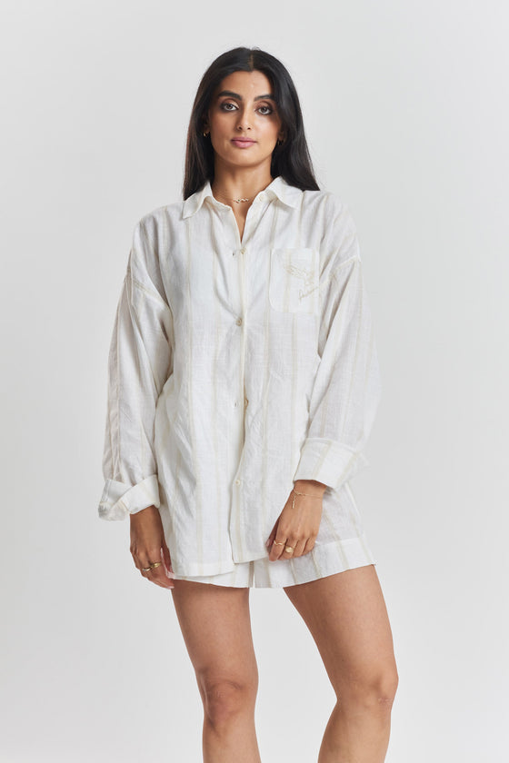 Yew Striped Ethical-Cotton Pyjama Shirt - Summer Sand Beige