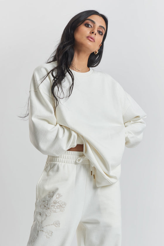 Salix Blossom-Embroidered Ethical-Cotton Sweatshirt - Moonlight White