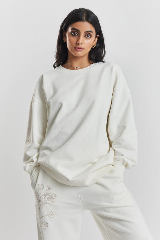 Salix Blossom-Embroidered Ethical-Cotton Sweatshirt - Moonlight White