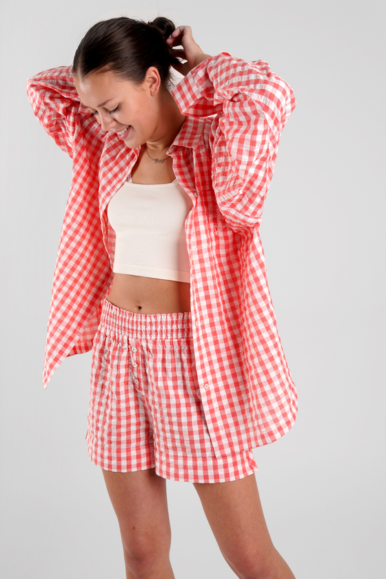 Lomandra Gingham Check Ethical-Cotton Pyjama Shorts - Canyon Peach Peachaus