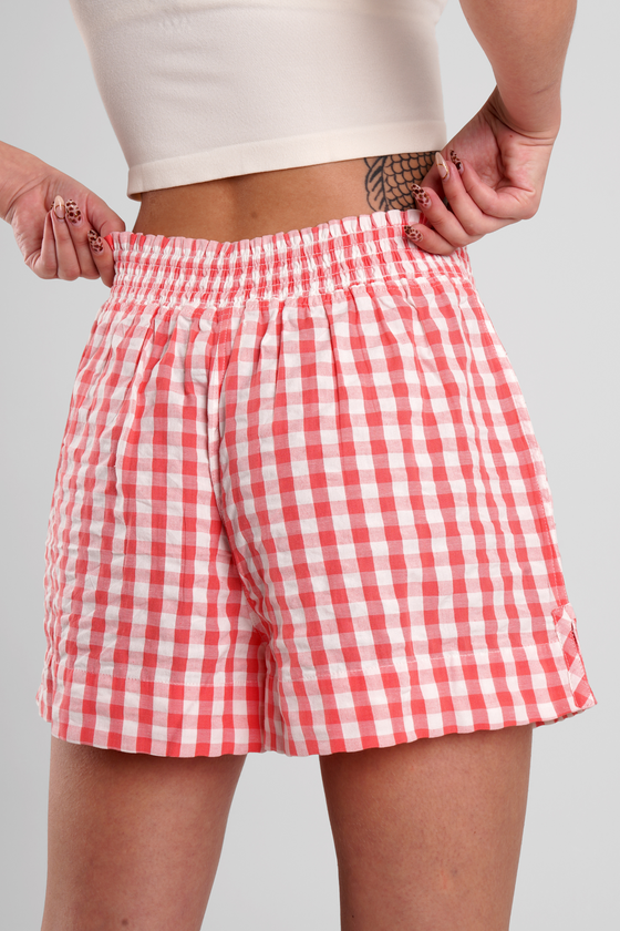 Lomandra Gingham Check Ethical-Cotton Pyjama Shorts - Canyon Peach Peachaus