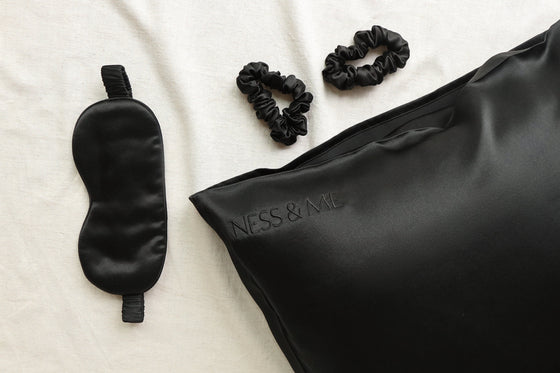 Black 100% Mulberry Silk Pillowcase & Eye Mask Set NESS & ME