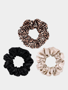  3 Large Silk Scrunchies - Rose Gold Leopard Mixed Set Silk Works London