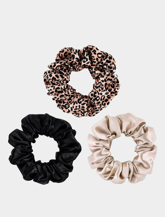 3 Large Silk Scrunchies - Rose Gold Leopard Mixed Set Silk Works London