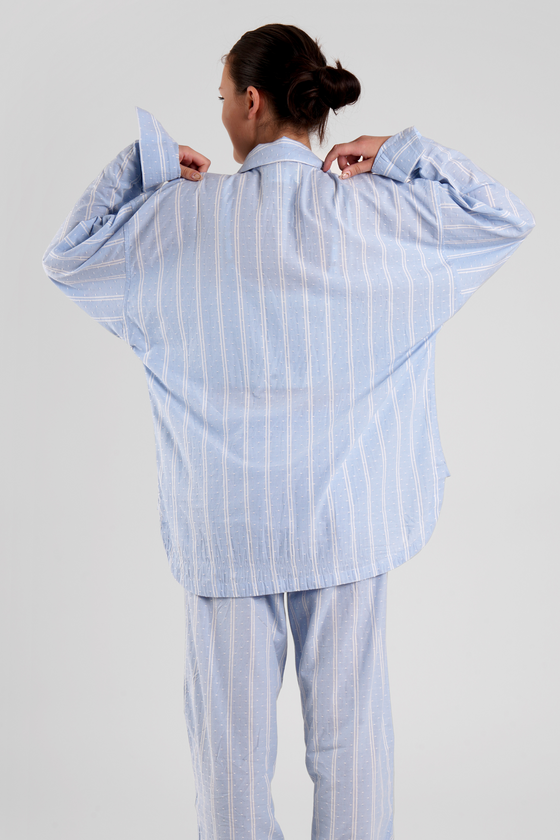 Yew Beach Stripe Ethical-Cotton Pyjama Shirt - Mountain Blue Peachaus