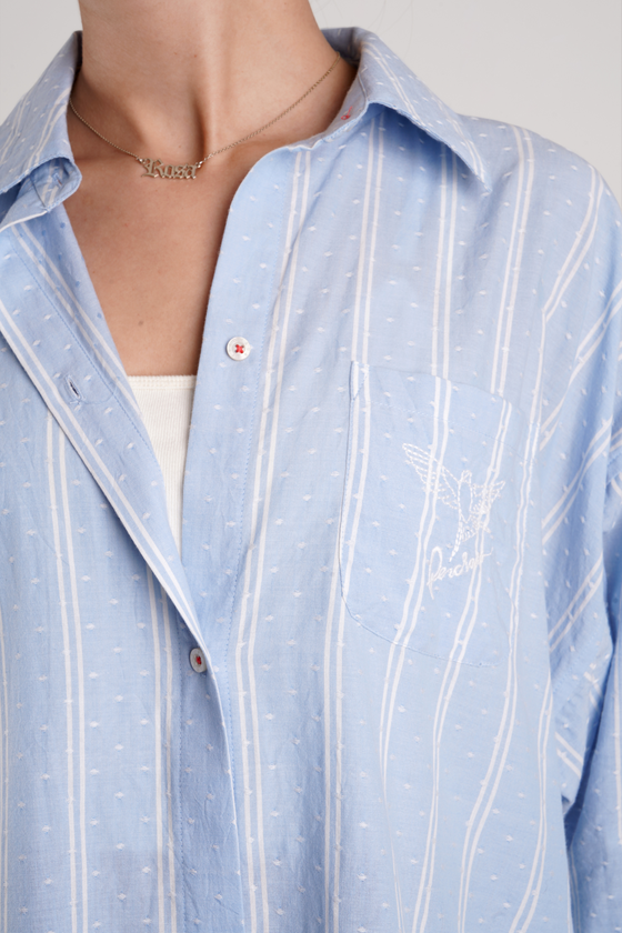 Yew Beach Stripe Ethical-Cotton Pyjama Shirt - Mountain Blue Peachaus