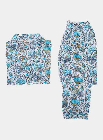 Ahaana Turquoise Block Printed Cotton Pyjamas Naree Clothing