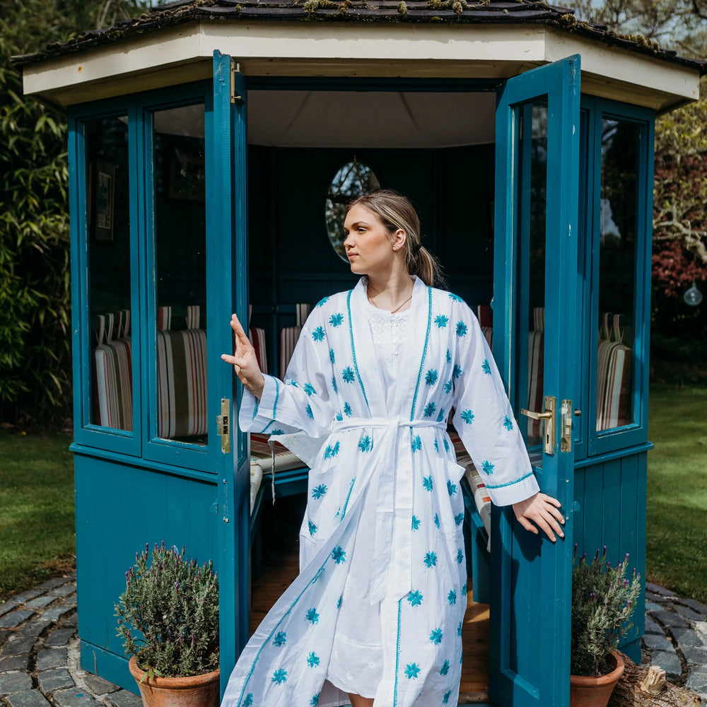 Aisha Teal Embroidered Robe Naree Clothing