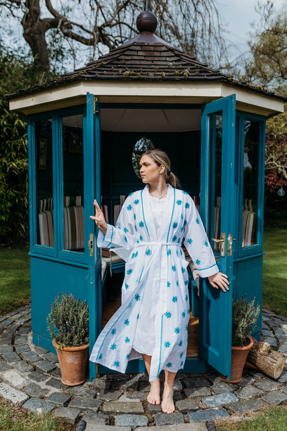 Aisha Teal Embroidered Robe Naree Clothing