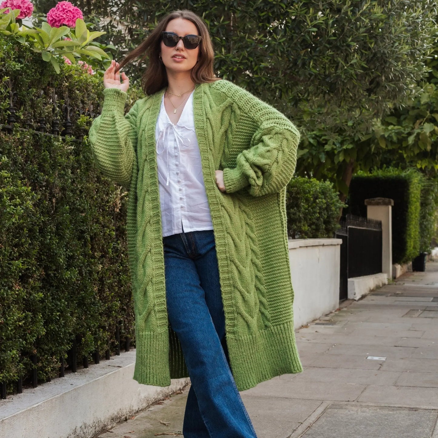 Alex Cable Longline Balloon Sleeve Cardigan - Green Cara & The Sky