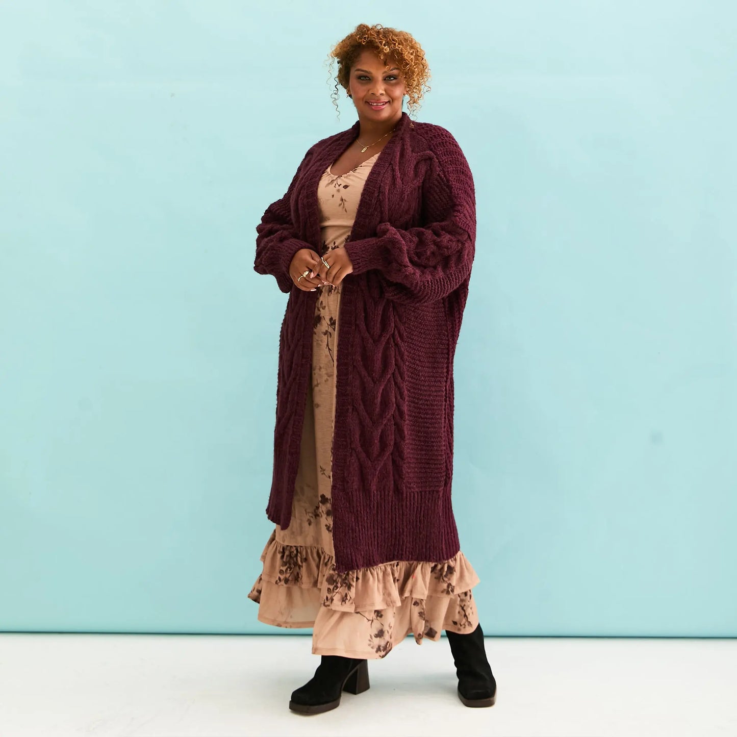 Alex Cable Oversized Balloon Sleeve Maxi Cardigan - Burgundy Cara & The Sky