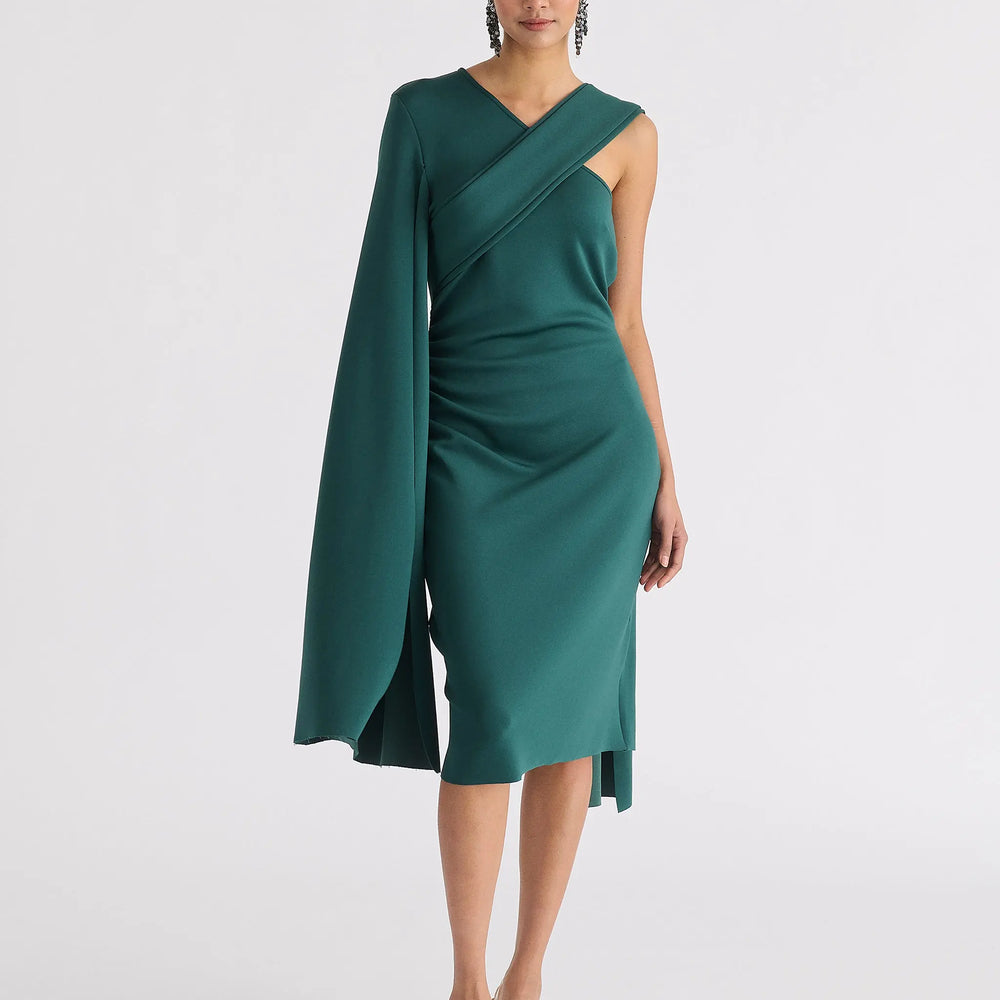 Asymmetric Draped Cape Sleeve Dress Paisie