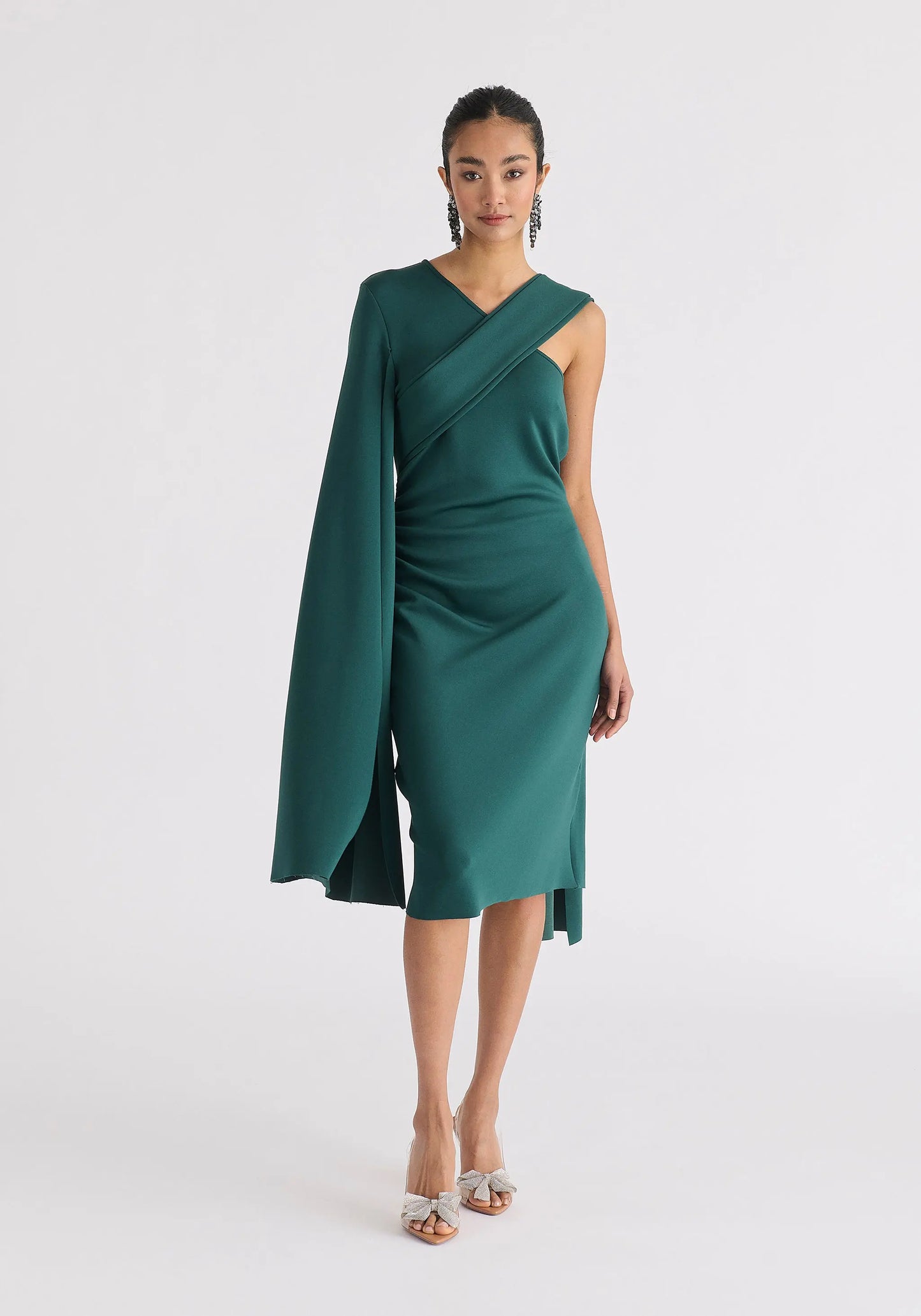 Asymmetric Draped Cape Sleeve Dress Paisie