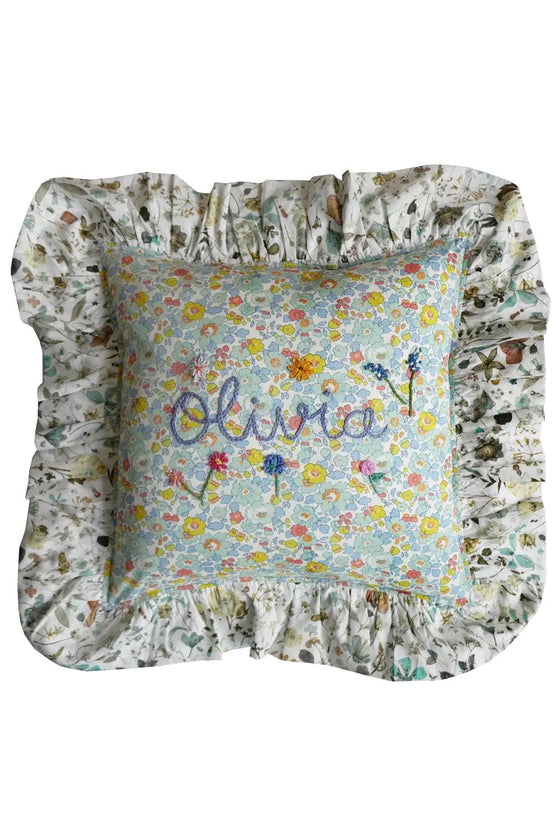 BETSY SAGE & FLORAL EVE Liberty Embroidered Ruffle Cushion Coco & Wolf