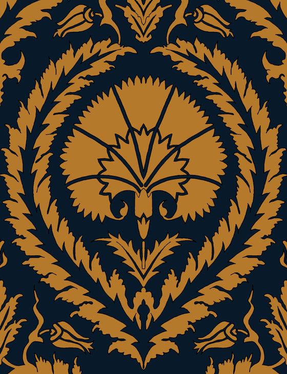 Wallpaper Acanthus and Wreath Ochre on Blue - £37.50 per Sq Metre Long Studio Design