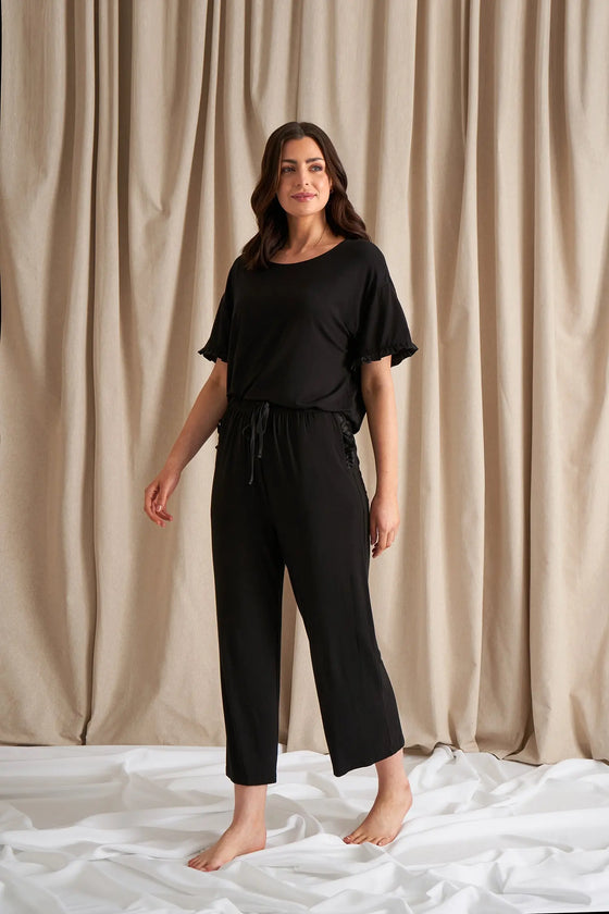 Bamboo Frill Tee Trouser Set in Black Pretty You London