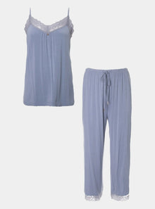  Bamboo Lace Cami Cropped Trouser Pyjama Set in Blue Mist Pretty You London