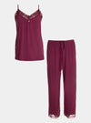 Bamboo Lace Cami Cropped Trouser Pyjama Set in Bordeaux Pretty You London