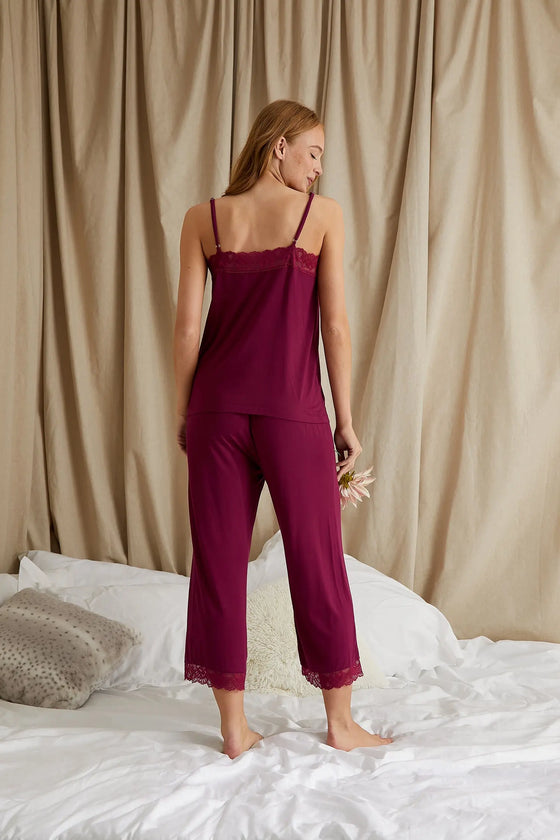 Bamboo Lace Cami Cropped Trouser Pyjama Set in Bordeaux Pretty You London