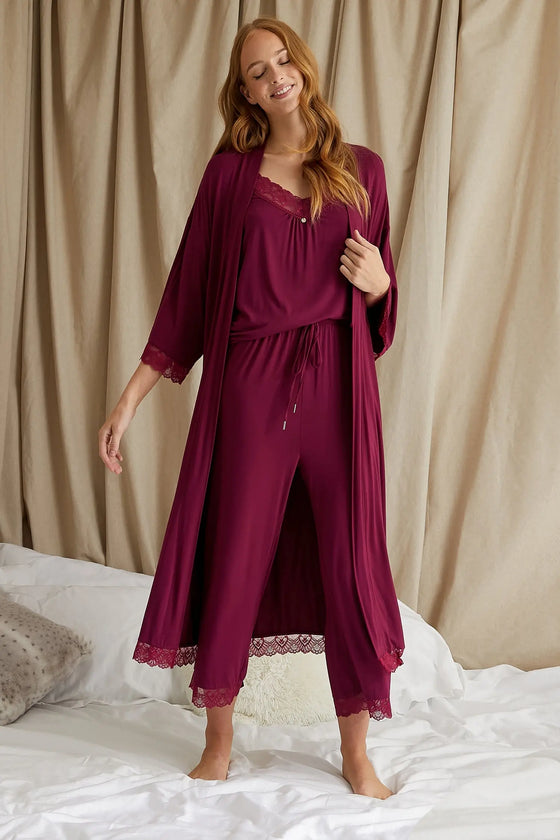 Bamboo Lace Cami Cropped Trouser Pyjama Set in Bordeaux Pretty You London