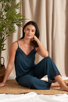  Bamboo Lace Cami Cropped Trouser Pyjama Set in Teal Pretty You London