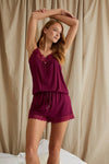 Bamboo Lace Cami Short Pyjama Set in Bordeaux Pretty You London