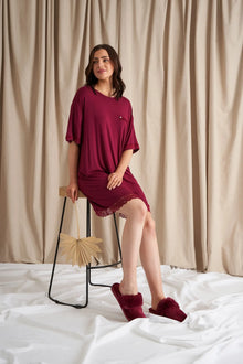  Bamboo Lace Tee Dress in Bordeaux Pretty You London