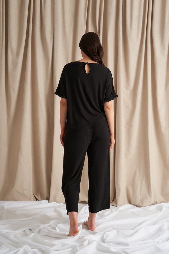 Bamboo Frill Tee Trouser Set in Black