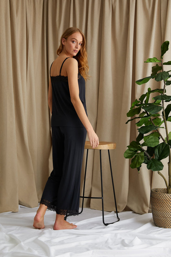 Bamboo Lace Cami Cropped Trouser Pyjama Set in Raven