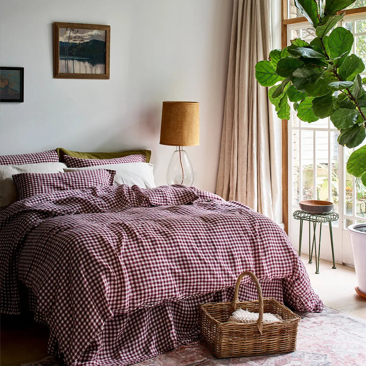 Berry Gingham Linen Blend Duvet Cover Piglet