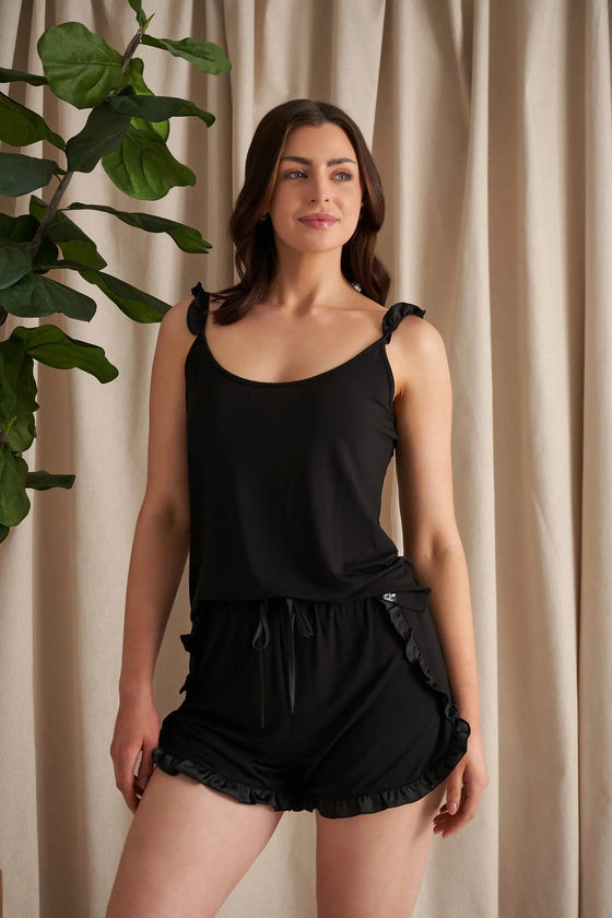 Black Bamboo Frill Cami Short Pyjama Set Pretty You London