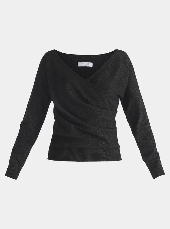 Black Knitted Wrap Top With 3/4 Sleeves Paisie