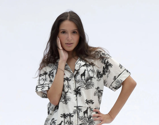 Cream/Black Matching Set in Paloma Print Short Sleeve Pyjamas AMOKA DALO