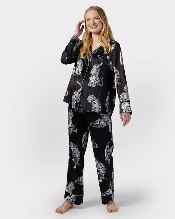 Black Maternity Satin Lotus Tiger Print Long Pyjama Set Chelsea Peers