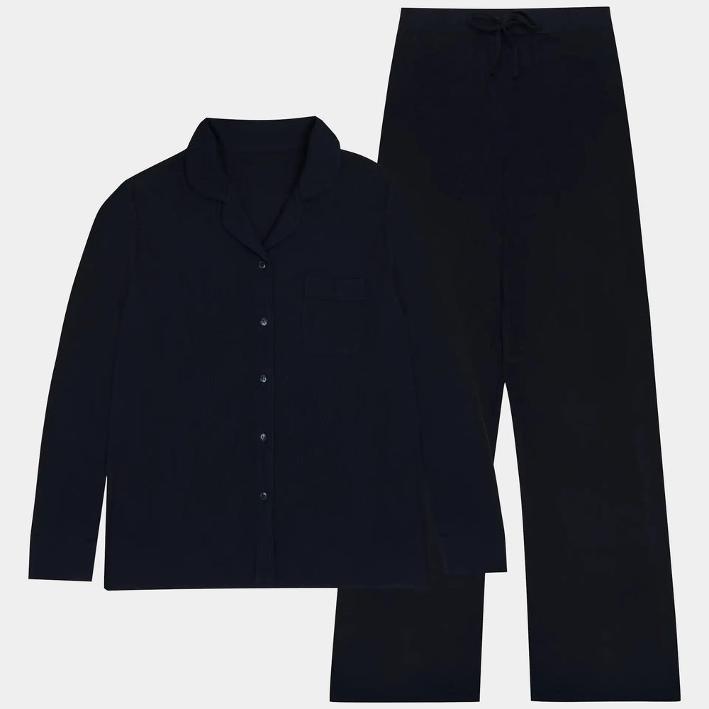 Black Rib Knit Bamboo Pyjama Set Made Wright London