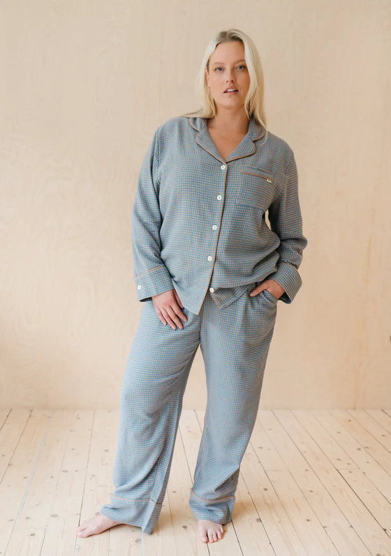 Blue Houndstooth Cotton Pyjama Trouser Set TartanBlanketCo