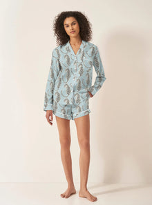  Blue Leopards Women's Long Sleeve Organic Cotton Pyjama Short Set Myza