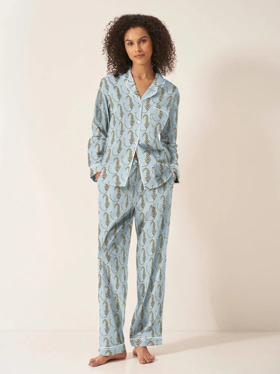 Blue Leopards Women's Long Sleeve Organic Cotton Pyjama Trouser Set Myza