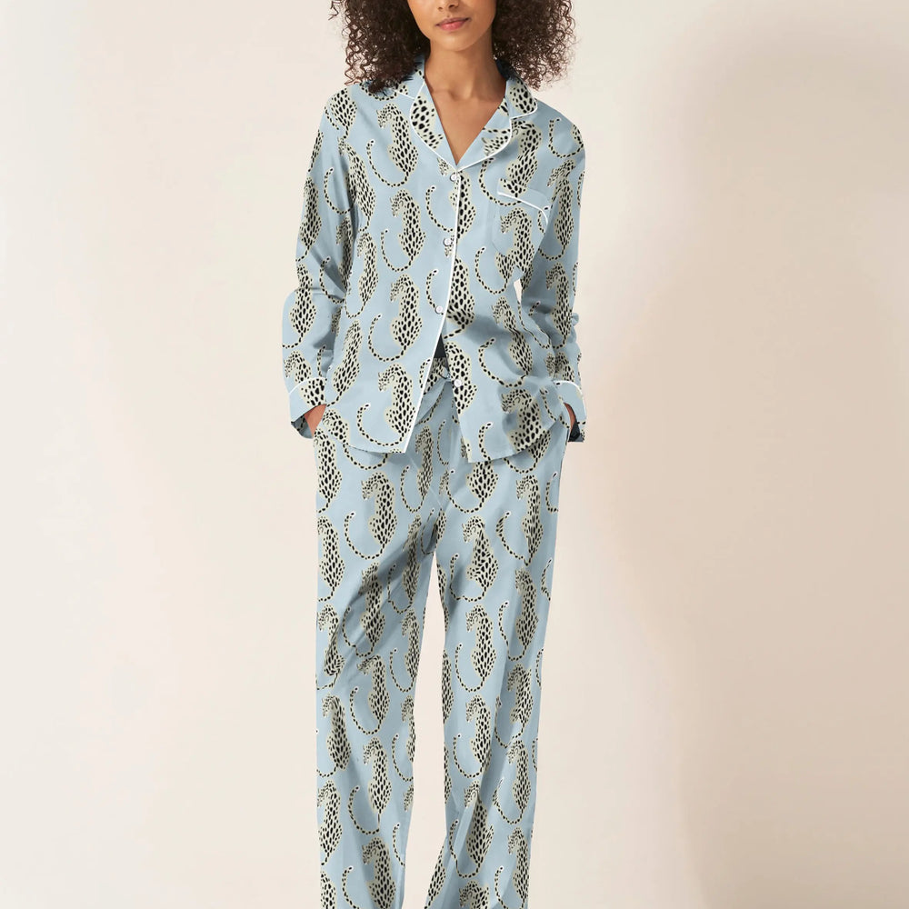 Blue Leopards Women's Long Sleeve Organic Cotton Pyjama Trouser Set Myza