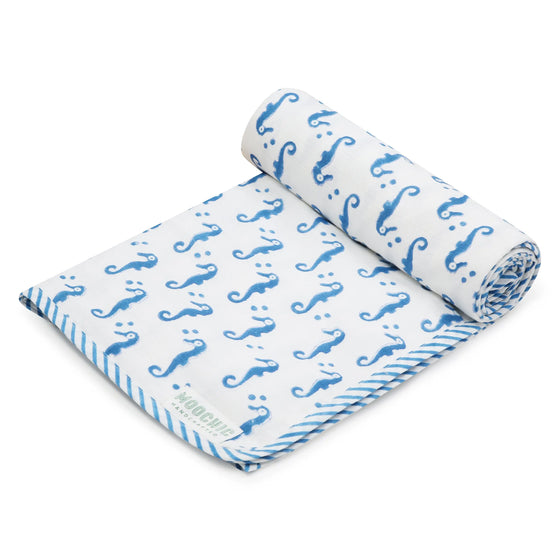 Blue Sea Horse Muslin Blanket Moochic