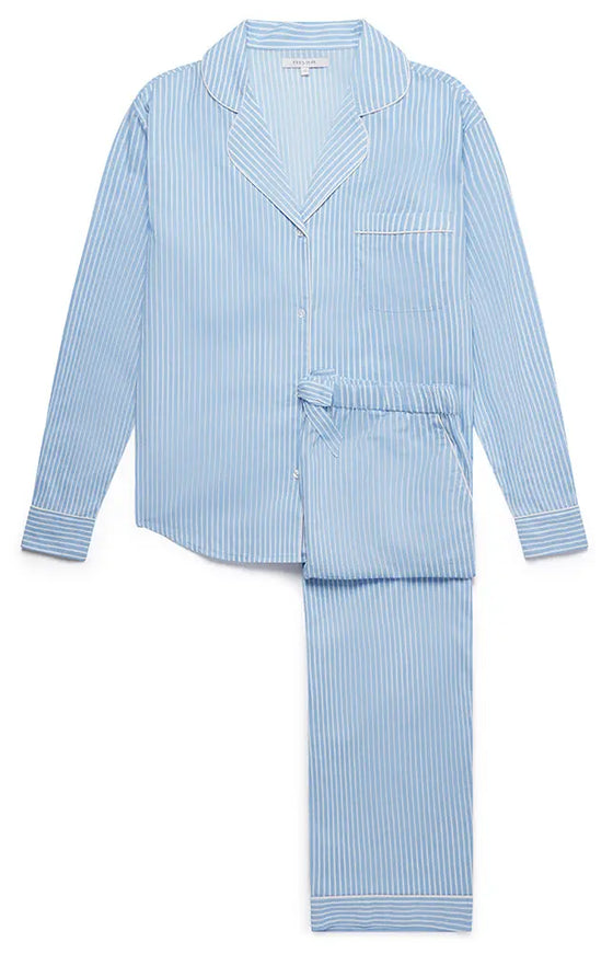 Blue & White Stripe Women's Long Sleeve Organic Cotton Pyjama Trouser Set Myza