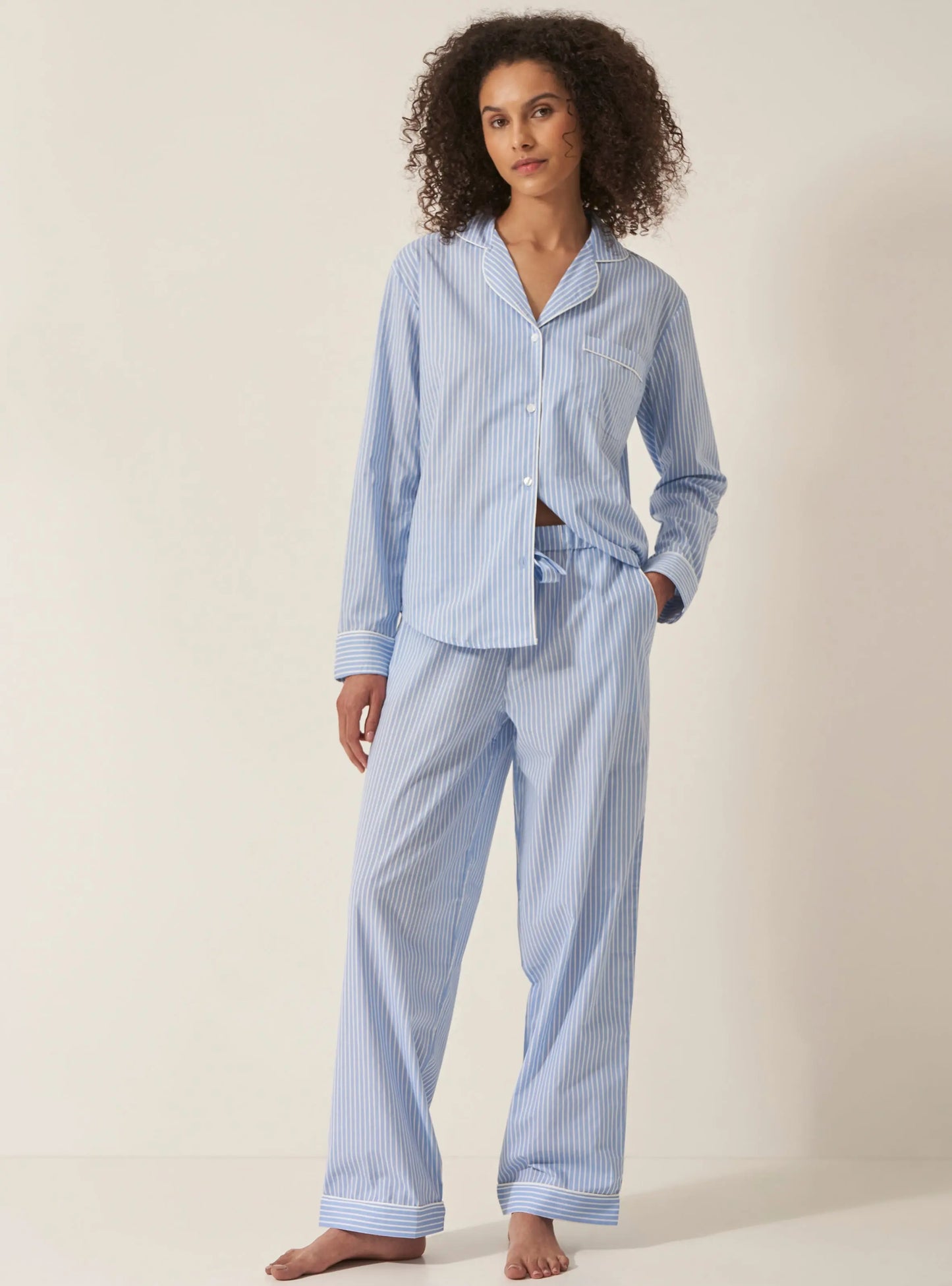 Blue & White Stripe Women's Long Sleeve Organic Cotton Pyjama Trouser Set Myza